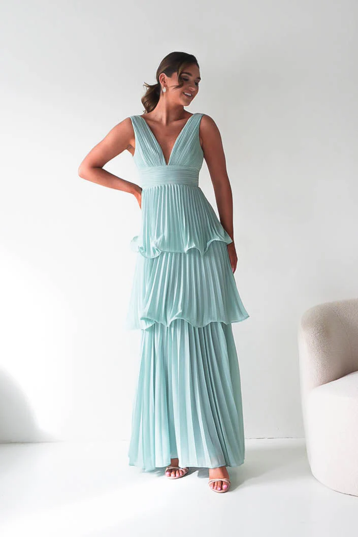 Vina Tiered Pleated Layered Maxi Dress | Mint - Image 9