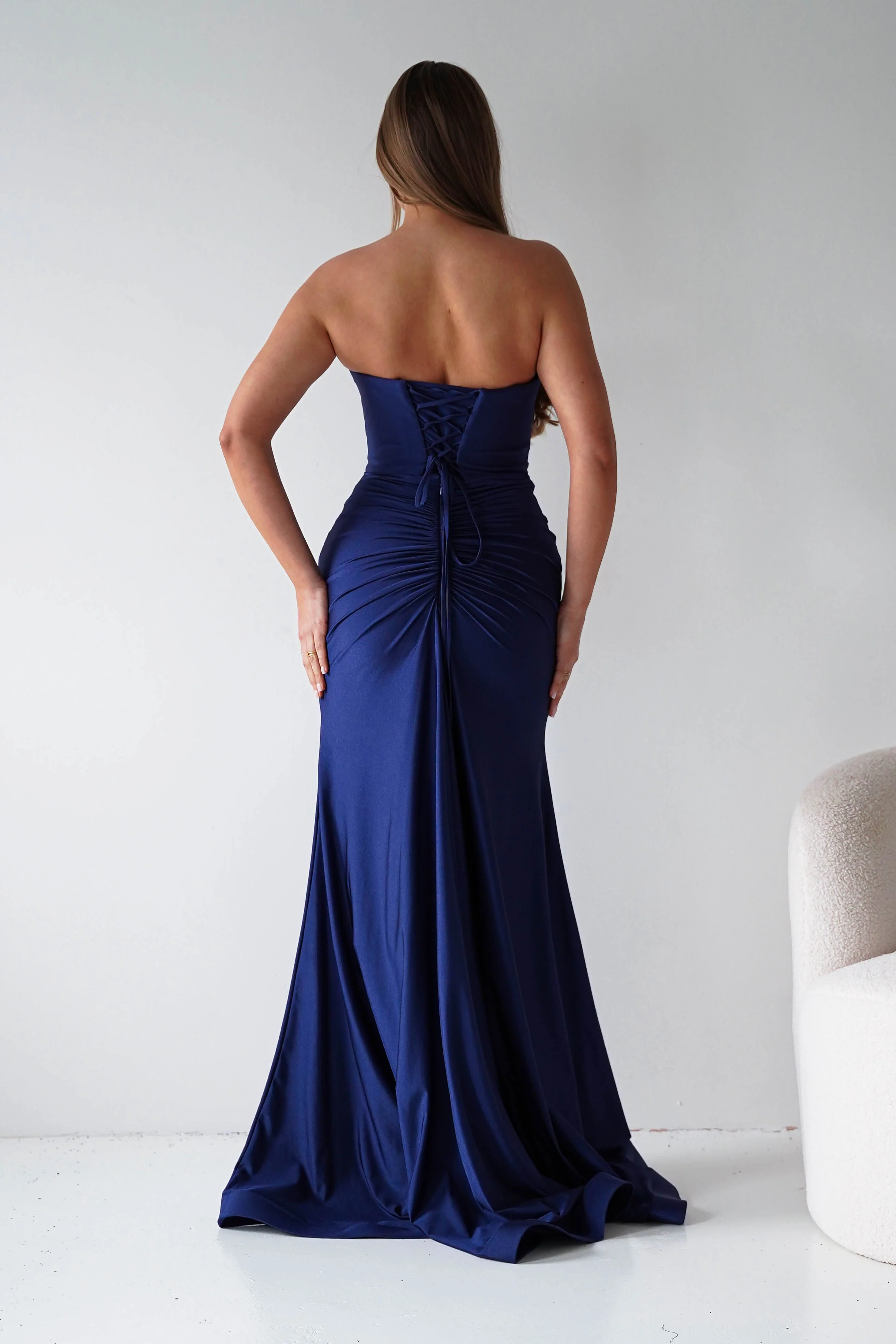 Visenta Ruched Bodice Strapless Gown | Navy - Image 4